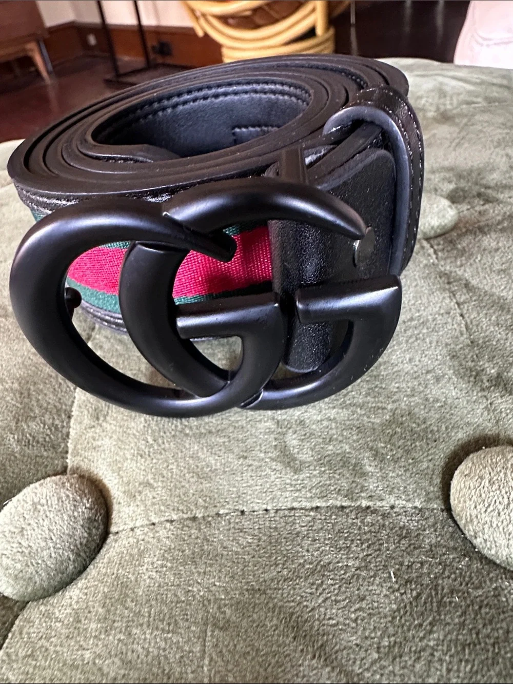 Black Leather Belt with Red and Green Web and Matte Black Double G Buckle